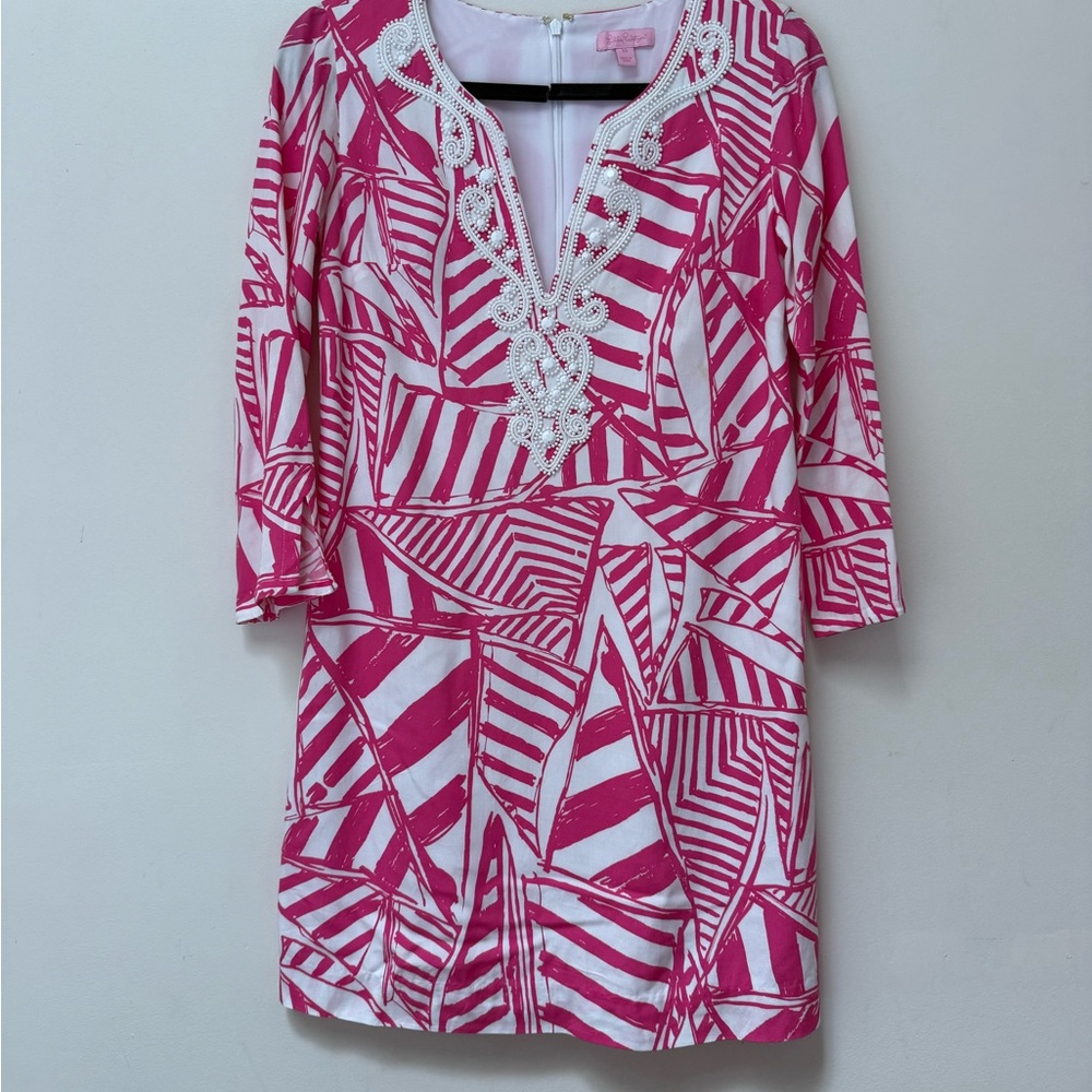 Lilly Pulitzer Pink and White Dress with Beaded Detail